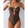 Vintage Coffee Swimwear Women 2026 Pearls Strap Hollow Out Metal Diamond Tummy Control One Piece Swimsuit Beach Bathing Suits