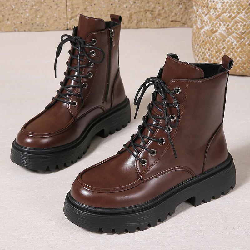 Comfort Wide Leg Platform Leather Ankle Boots Women Plus Size 42 Autumn Winter  Lace Up Motorcycle Boots Woman Short Botas