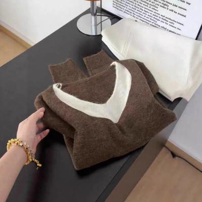 Maillard Kontrastfarbe Fake Zweiteiler Pullover Damen schick High-End-Gefühl vielseitig locker warm Strickpullover Herbst und Winter