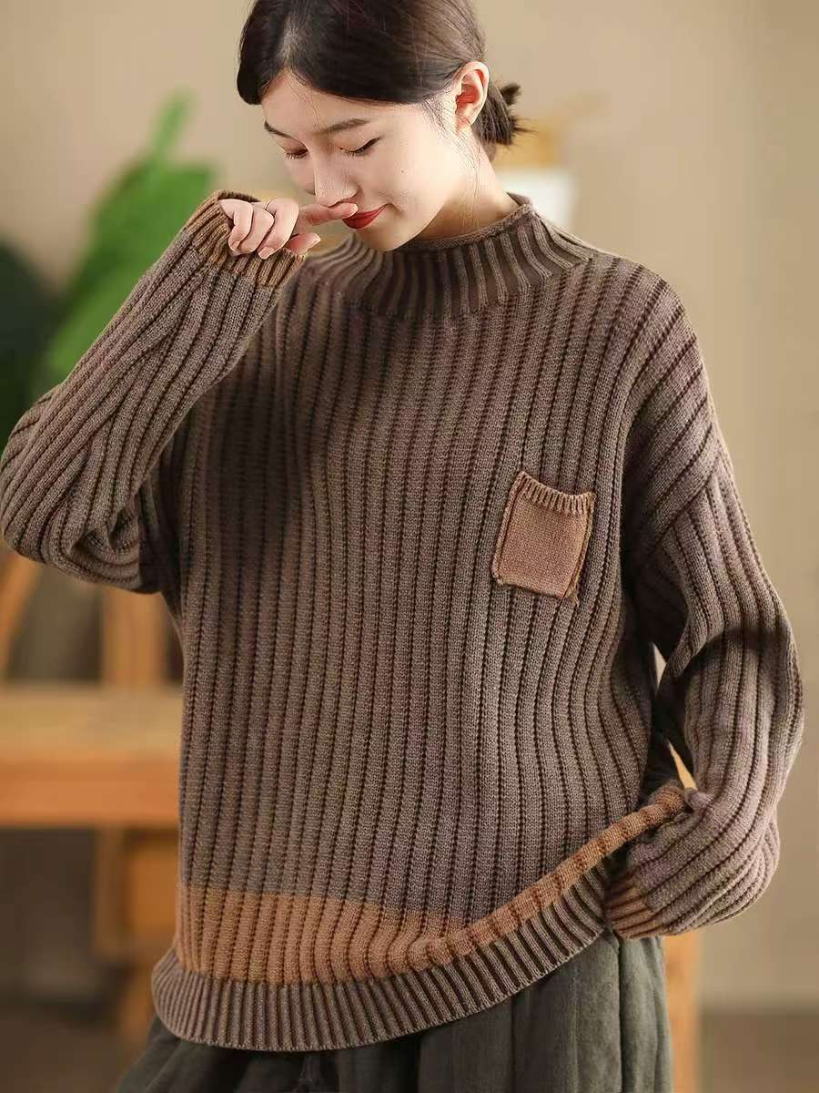 

Johnature Винтажный цветной блокирующий ретро-свитер с воротником-стойкой для женщин, зимний нишевый свитер с длинными рукавами, свободный индивидуальный свитер One Size кофейный