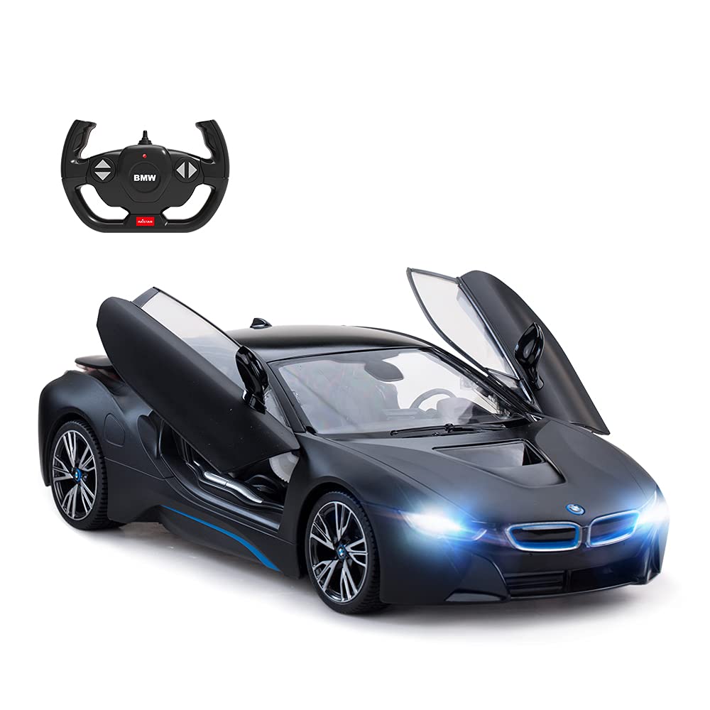 

RASTAR BMW RC Масштабная модель BMW i8 с автоматически открывающимися и закрывающимися левой и правой дверями, с черной металлической краской, черная машина, радиоуправляемая машина 1/14, для детей, чёрный