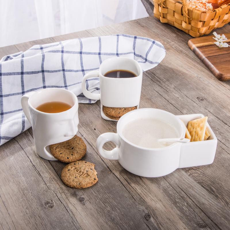 Human Face Ceramic Coffee Mug Dipping Mug with Biscuit Cookie Pocket Holder Compartment
