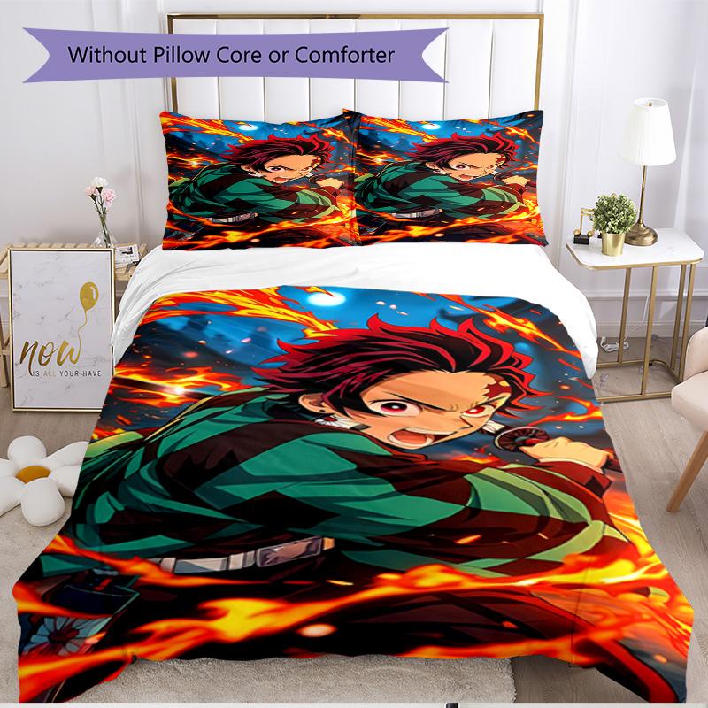 3pcs Duvet Cover Set (1*Duvet Cover + 2*Pillowcase, Without Core), Demon Slayer Print Soft All‑Season Bedding Set, Home Bedroom Decor Gift