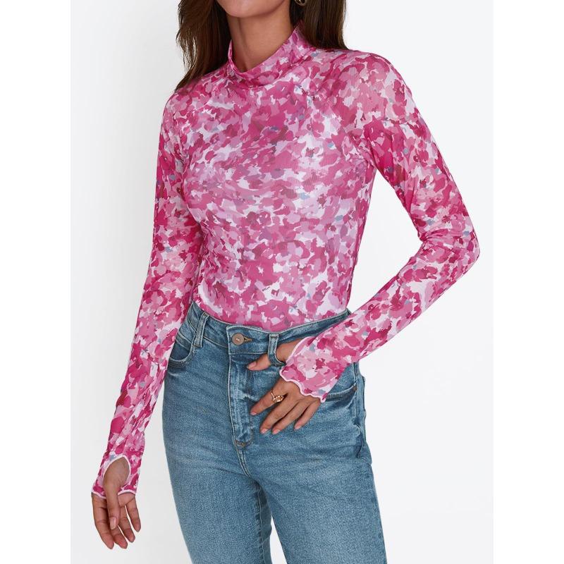 Women S Sexy Y2k Mesh Printed Long Sleeve T Shirt Half High Neck