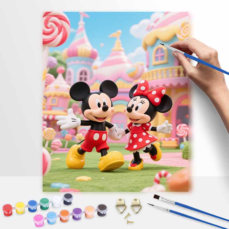Disney Mickey and Minnie Mouse Candy Castle Oil Painting by Numbers Art Kit. Handmade Diy Painting Home Decoration Gifts