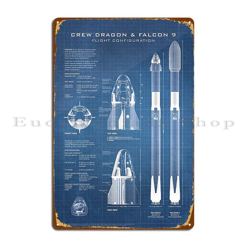 SpaceX Crew Dragon Statek Kosmiczny i Rakieta Falcon 9 Schemat Metalowe Płaskorzeźby Mural Klub Bar Garaż Klub Blaszany Znak Plakat