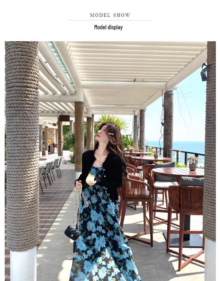 Blue Floral Strappy Chiffon Dress - Women's 2026 Summer Elegant Beach Style