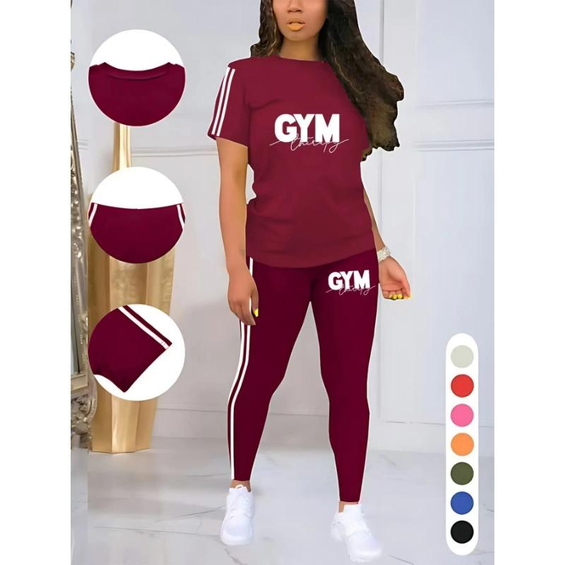 2Pcs Women Oversized Short Sleeve Top Soft High Waist Long Pants Comfort Yoga Training Suit