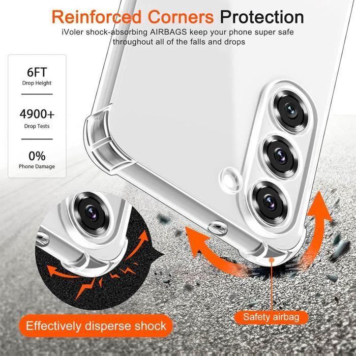 Coque pour Samsung Galaxy S24 avec 2 Verres Trempés, Pack Protection 4 Coins Renforcés Silicone Transparent