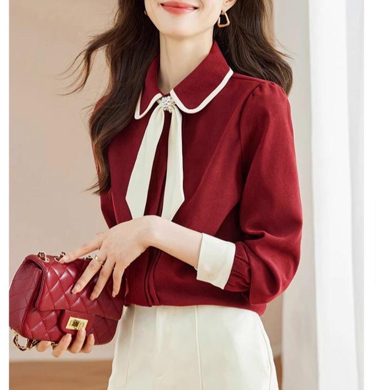 Women's Red French Doll Collar Tie Shirt - 2025 Autumn/Winter Long Sleeve Versatile Top