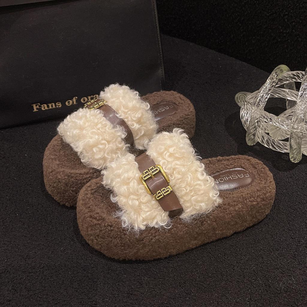 Fashion Thick-soled Fluffy Slippers Women's Outer Wear 2025 Autumn and Winter New Cotton Thickened One-pedal Casual Slippers