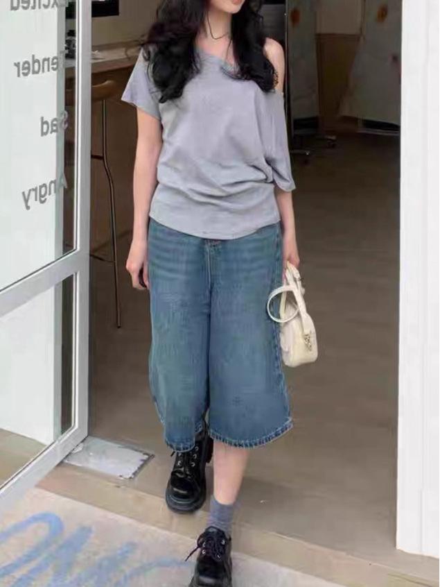Women's New Tang Wide-Leg Seven-Point Jeans - Summer 2026 Relaxed Straight-Leg Style
