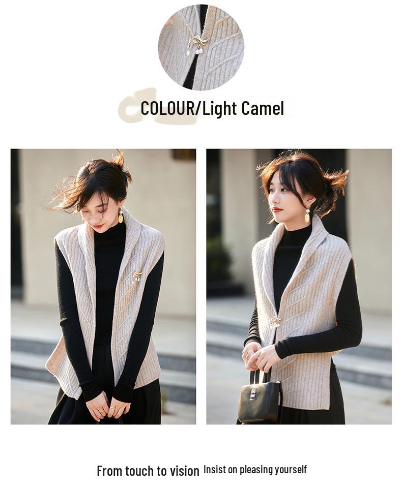 Women's Thickened Wool Knit V-neck Cardigan Vest - Pure Wool, Loose Outerwear Sweater for Autumn/Winter