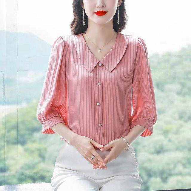 Fashion Chiffon Shirt 3/4 Sleeve Women's Summer New Mom Top Solid Color Doll Collar Bottoming Blouse M-4XL