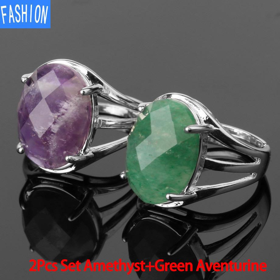 

Кольцо с натуральным овальным граненым кристаллом в подарок Amethyst+Green Aventurine