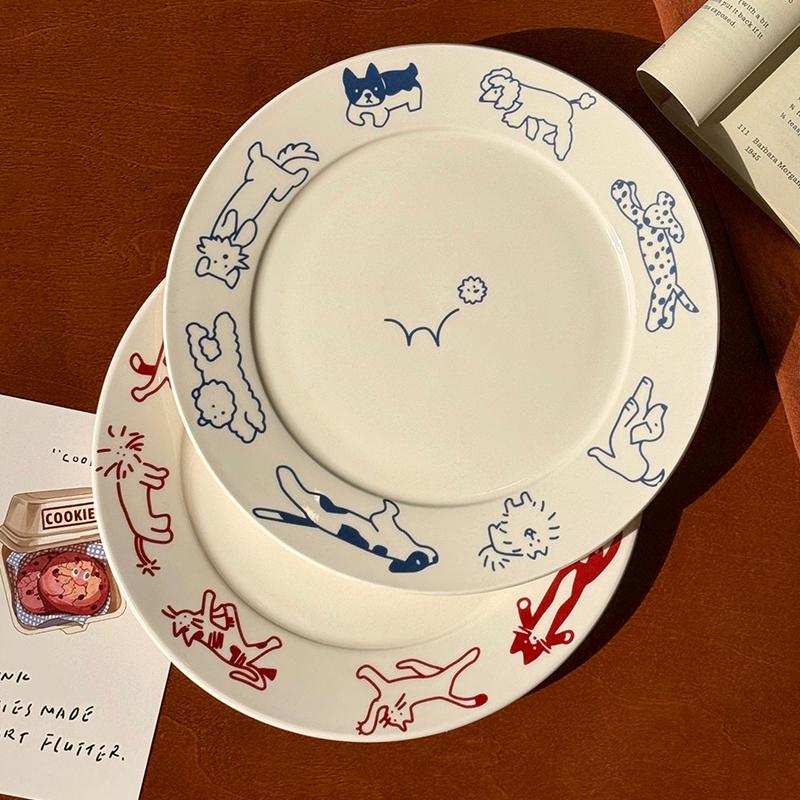 Korean Cute Cat Puppy Graffiti Plate Ins Ceramic Breakfast Plate Vintage Household Utensils Coffee Shop Cake Dessert Fruit Plate