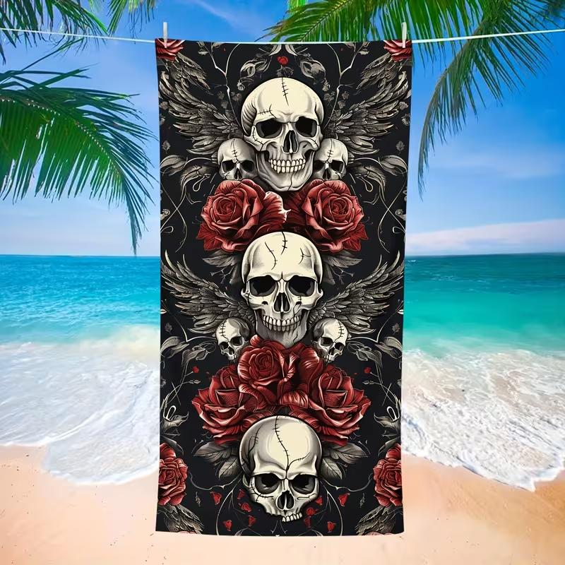 Asciugamano da Spiaggia Teschio Gotico Rosa Rossa Estetica Oscura Asciugatura Rapida Telo da Spiaggia Senza Sabbia Design Teschio Morbido Leggero Asciugamano Estivo