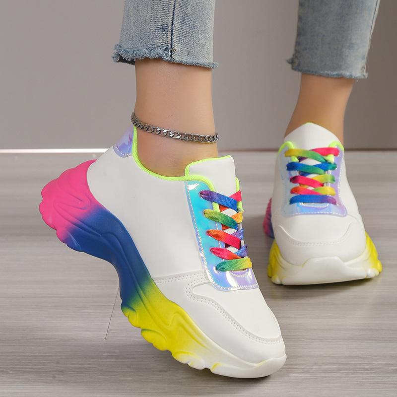 Fashion 2025 Thick Bottom White Shoes Women's Summer Thin Sneakers 2025 New Rainbow Women's Muffin Flat Bottom Casual Shoes