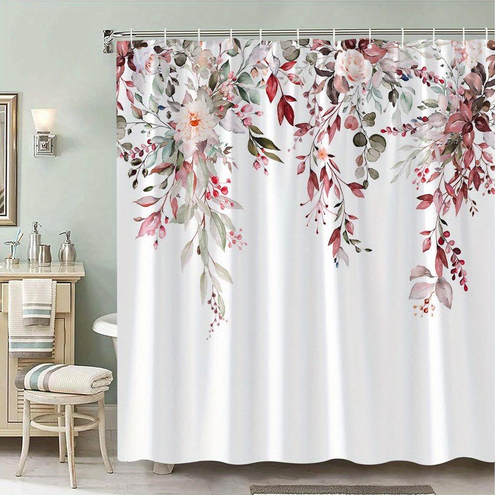 1 Винтажная Ботаническая Цветочная Акварельная Занавеска для Душа - Нежно-Розовый Красный Зеленый Каскадный Цветочный Узор, Полиэстеровая Ткань 90X180cm