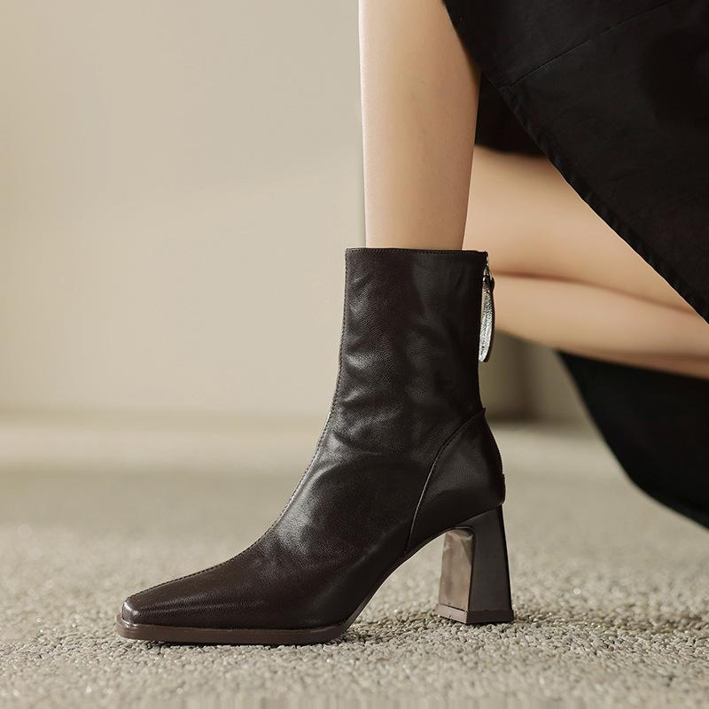 Black Zipper Hand Grab Women's Autumn and Winter Coarse Heel High Heel Boots