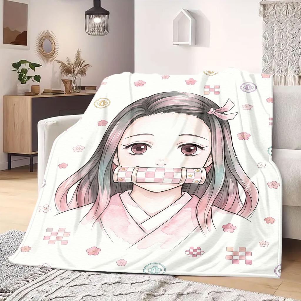 Demon Slayer Chic Cartoon Flannel Blanket, Printed Graphics for Sofa and Bed, Warm Bedding for Chairs and Travel_LIAN