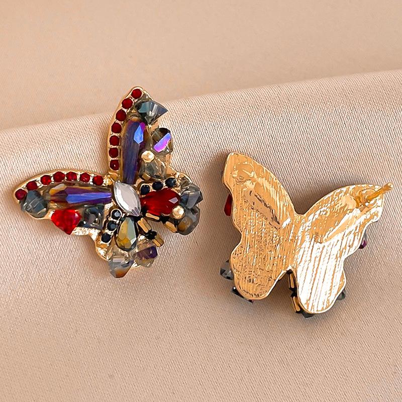 Silver Needle Retro Artificial Crystal Diamond Butterfly Stud Earrings French Court Style Personalized Earrings