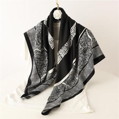 European and American Retro Printed Silk Scarf Twill Silk Large Square Scarf Travel Sunscreen Shawl Cashew Simple Scarf Autumn and Winter Women