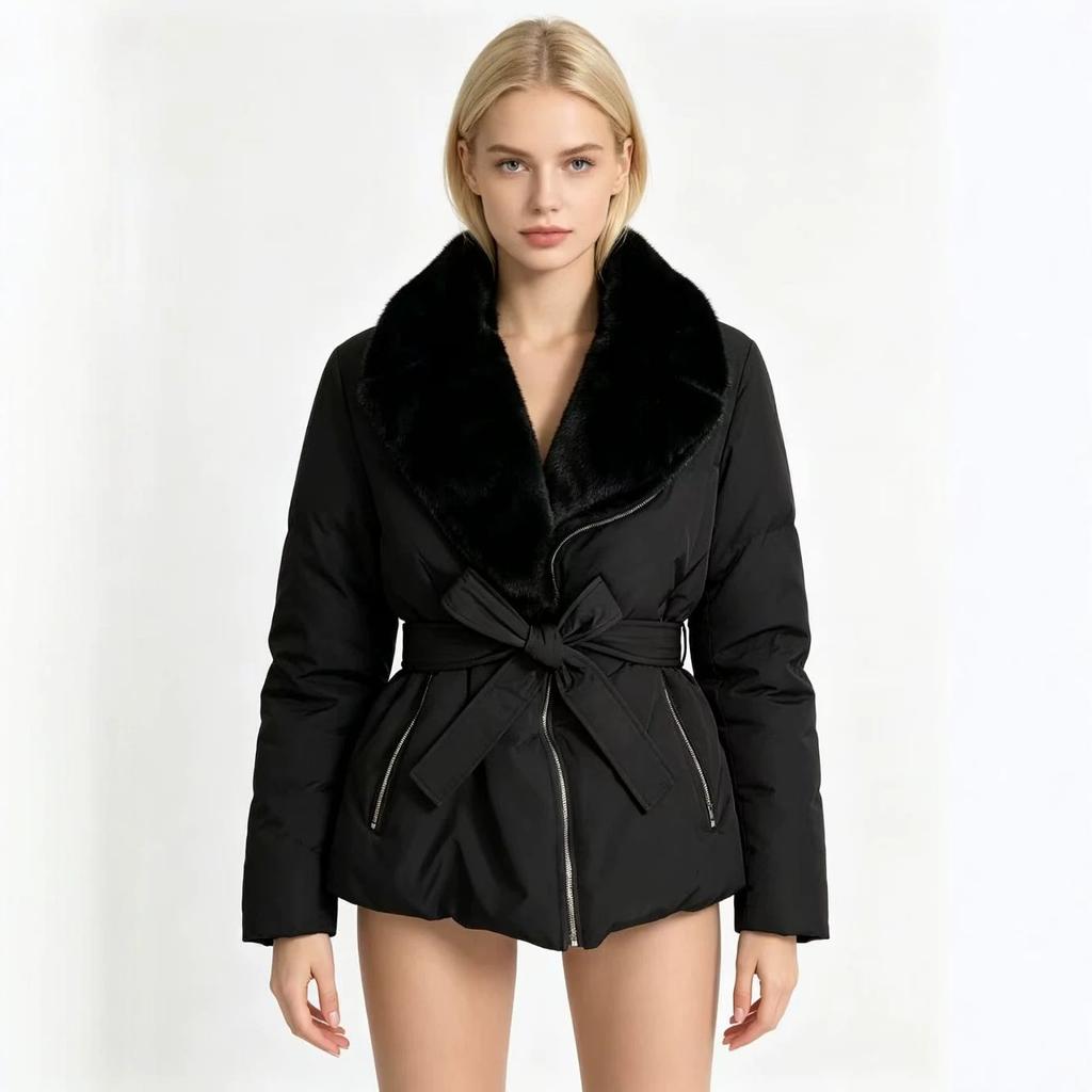 Temperament big plush plush integrated medium and long coat for women's winter new lace-up waist thickened trench coat