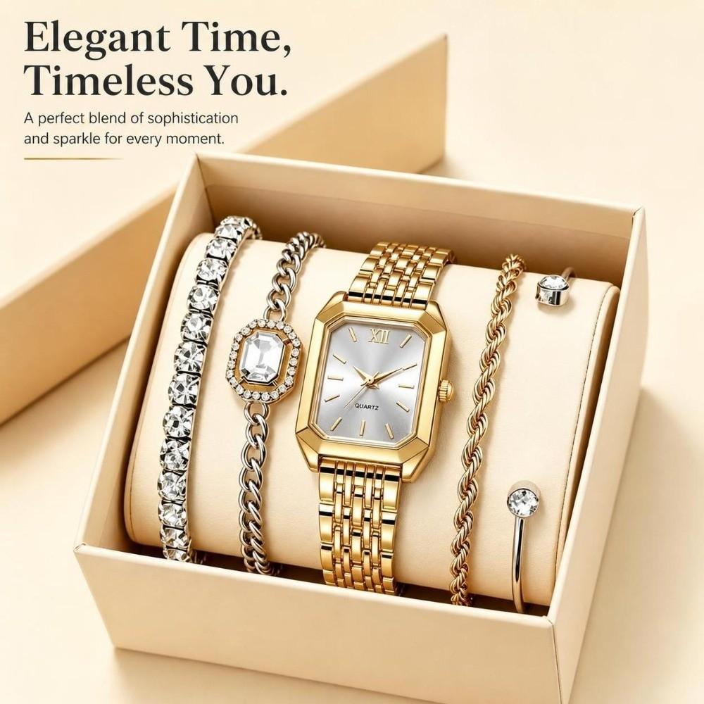 Quartz Movement Women Quartz Watch Stainless Steel Strap Ladies Watch Set Daily Wear