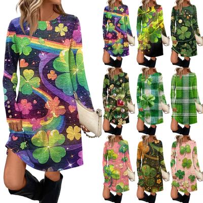 Women's Fashionable Round Neck Long Sleeved St. Patrick's Day Printed Pocket Button Casual Dress