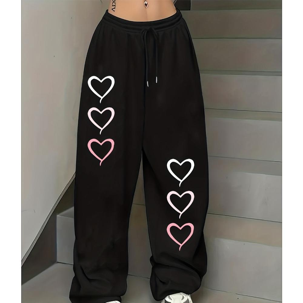 Love Printed Casual Sports Pants with Drawstring and Elastic Waist American Trend Women's Straight Leg Pants