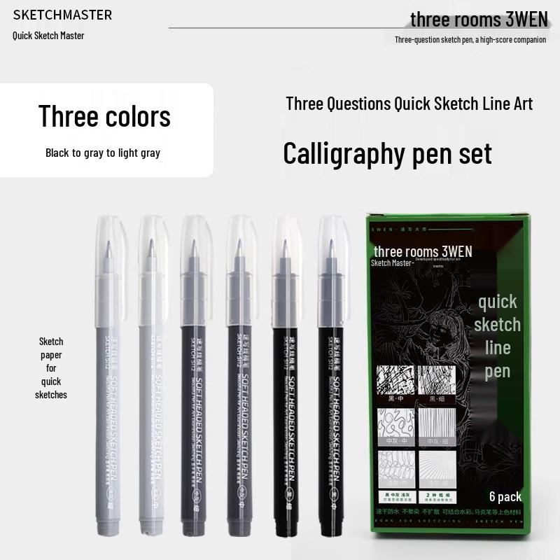 Refillable Quick Sketch Pen Set: Fine, Small, Regular, Large Gray Brush Pens for Art Line Drawing