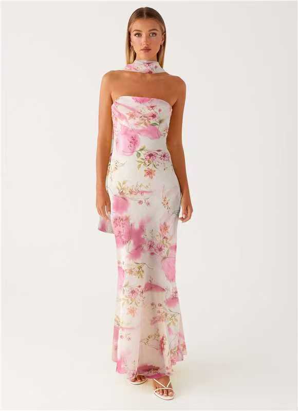 Maxi Abito in Chiffon Floreale Francese con Zip per Vacanze Estive al Mare