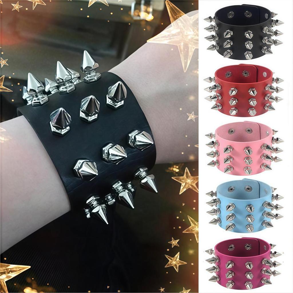 Eco-friendly PU Leather Harajuku Punk Cone Spike Bracelet with Three-Row Chains