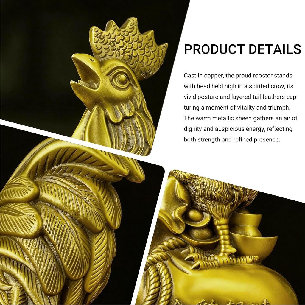 Aris & Juno Brass Rooster Feng Shui Statue – Chinese Good Luck & Prosperity Figurine for Entryway, Home Office Desk or Shelf Decor, Gift for Boss,