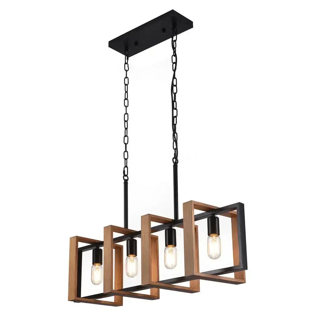 Rustic 4-Light Wood Pendant Chandelier – Farmhouse Ceiling Lamp for Dining, Island, & Living Room