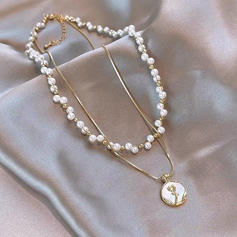 Freshwater Pearl Double Stacked Necklace Collarbone Chain Light Luxury Rose Pendant Neck Chain Light Luxury Shijia Pearl Necklace