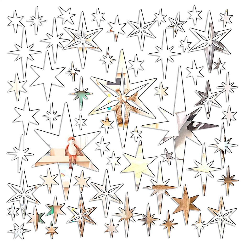 3D Acrylic 78 Pieces Hollowed Star Wall Decals Removable Ornament Wall Decor Stickers For Ceiling Bedroom Study Room Living Room