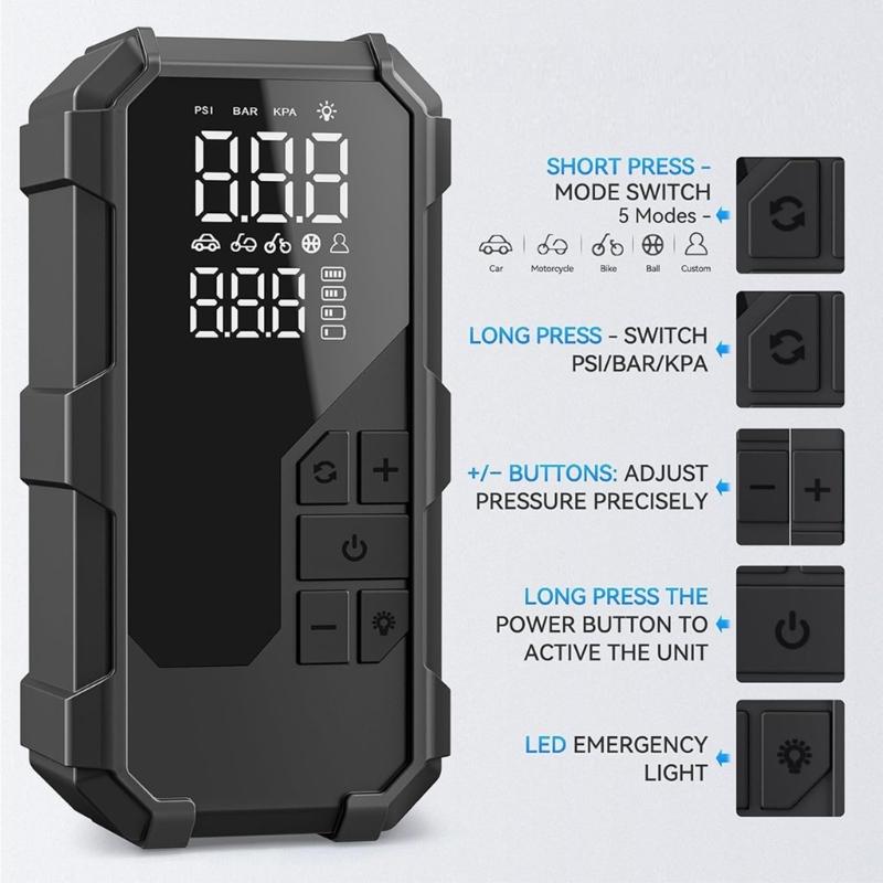Portable Car Jump Starter with Air Compressor & LED LightJump Starter Power for 12V Vehicles Emergency Tire Inflation