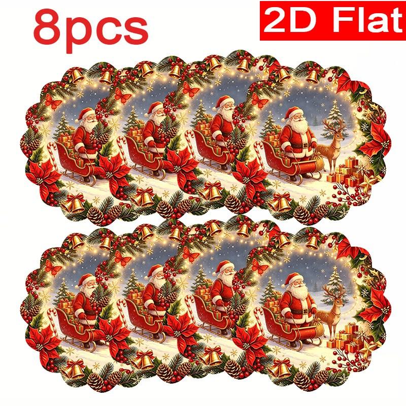 Linen Round Placemats, Santa Sleigh Winter Design, Washable Stain Resistant Easy Clean, Holiday Dinner Decor