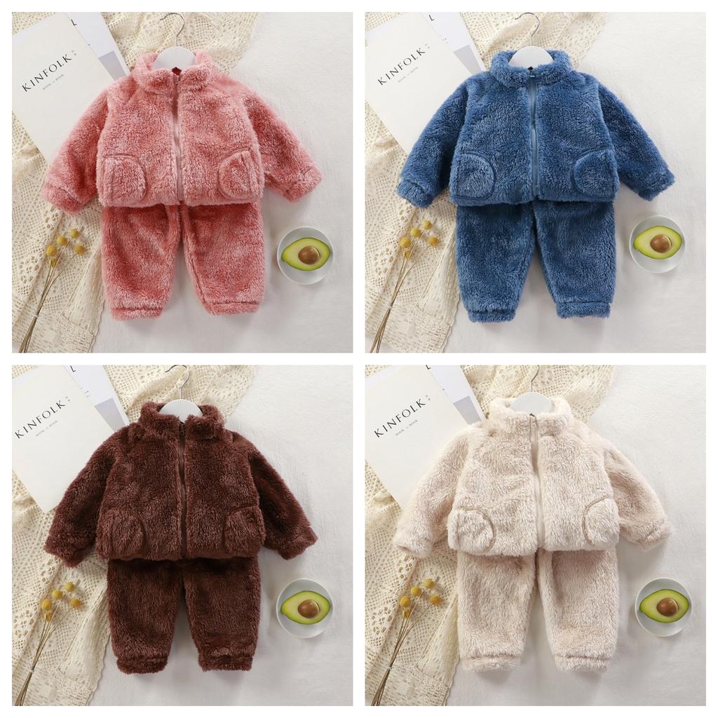 Children's Set Autumn/Winter Boys' and Girls' Plush Warm Clothes Baby Solid Color Fashionable Homewear Zipper Two-Piece Set