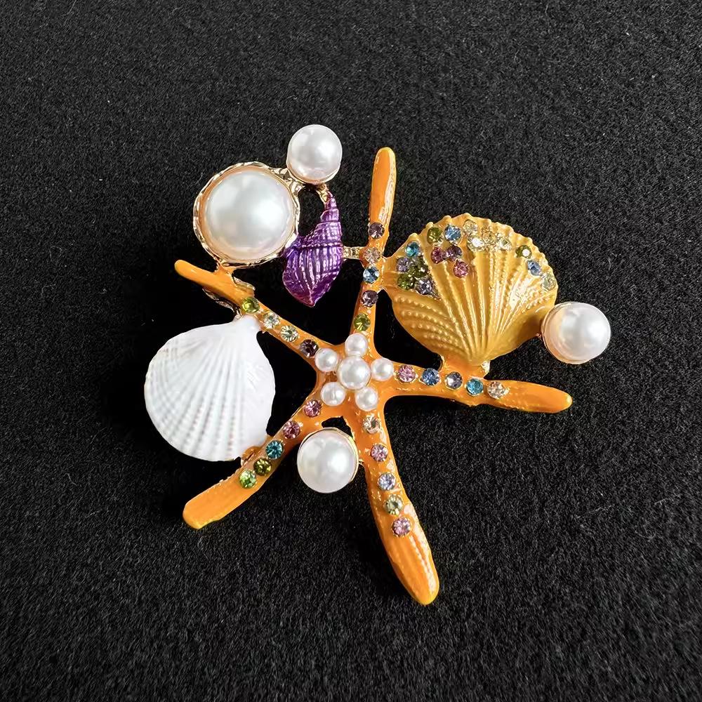 

Enamel Starfish Brooches for Women Unisex Pearl Shell Sea Plant Pins Office Party Friend Gifts Jewelry Accessories