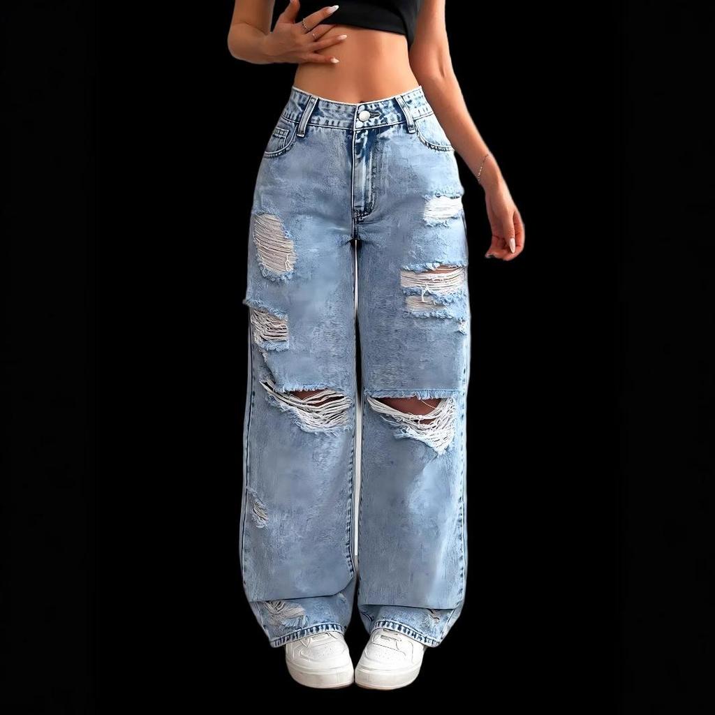 New Women's Street Style Solid Color Washed Wide Leg Jeans, Loose Fit Straight Denim Pants for Casual INS Fashion