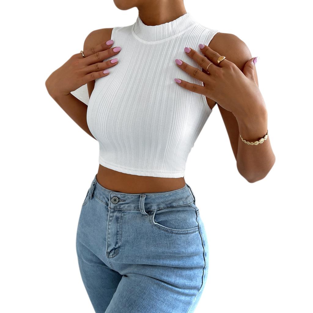 European and American women's clothing pullover round neck sleeveless exposed navel short small vest women's summer outer wear with a micro backless t