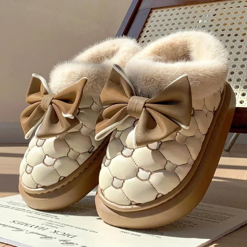 Winter Women Snow Boots Cute Bow Cotton Shoes Waterproof Down Ankle Boots Home Comfort Thick Soled Plush Boots Cotton Slippers