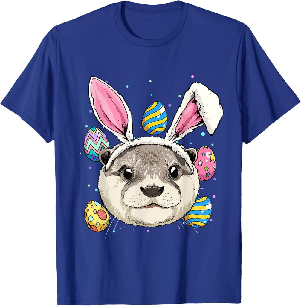Otter Bunny Easter Eggs Graphic Tee Men Casual Vacation Trip Animal Lover T-Shirt