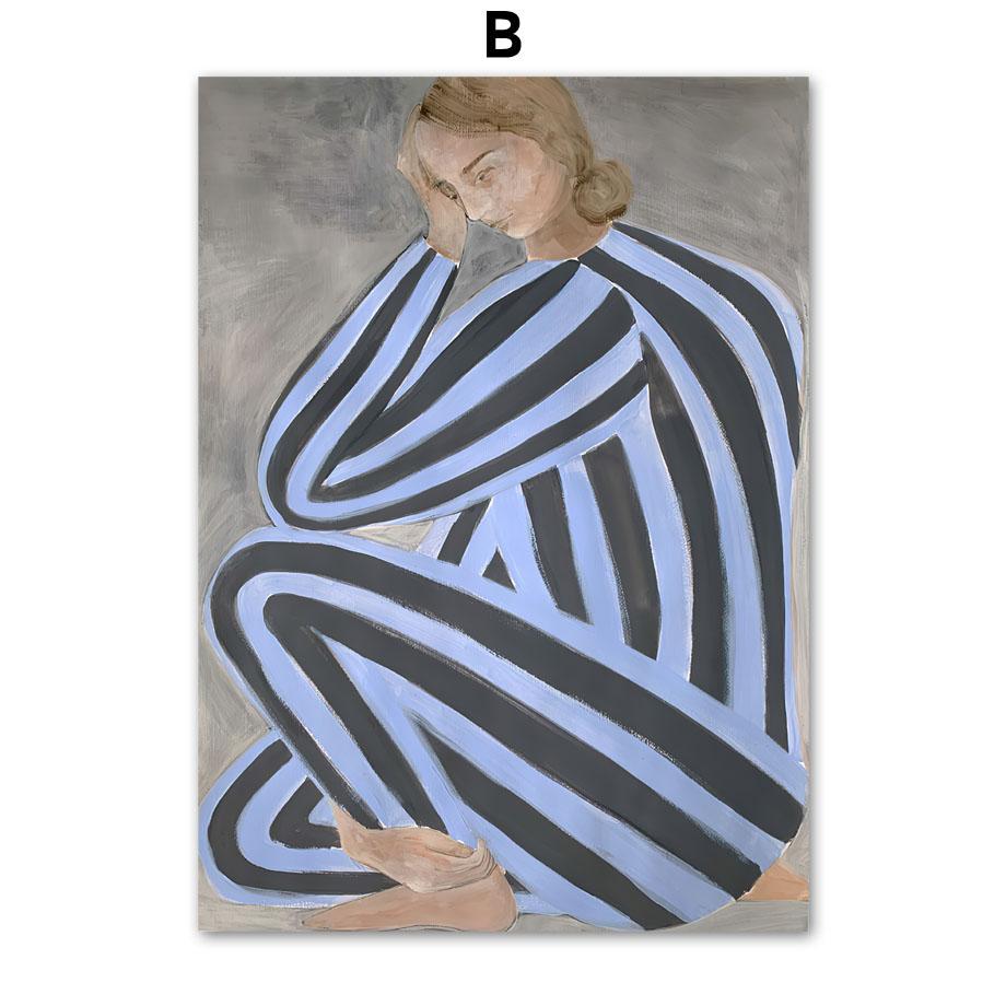 Modern Line Curve Girl Vase Flower Abstract Vintage Posters Prints Wall Art Retro Canvas Painting Pictures For Living Room Decor