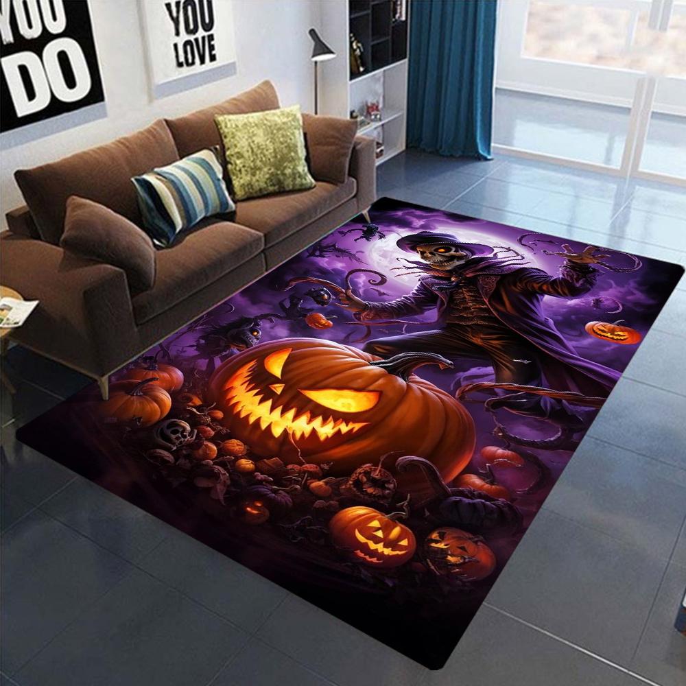 Halloween Carpet Mat Rug Gothic Pumpkin Skull Witch Hat Haunted House Bat Print Festive Home Decoration Living Room Floor Decor