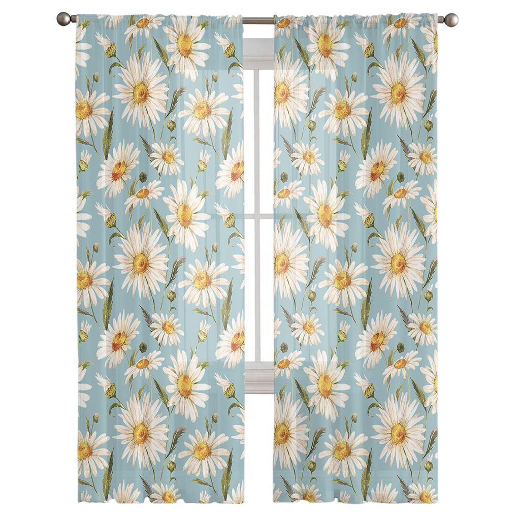 Daisy Watercolor Texture Sheer Voile Window Curtains Tulle Curtains Living Room Balcony Decoration Drapes