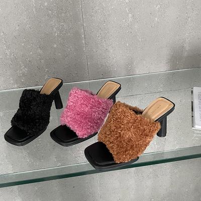 Fashion Fashion Women Fur Slides Slippers Black Pink Brown Round Thin High Heels Summer Party Pumps Sandals Slides Wedding Size 35-40